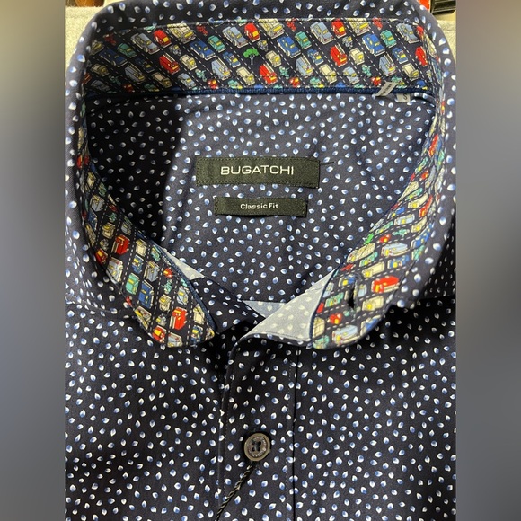 BUGATCHI Men’s Navy blue dot pattern contrast collar button down shirt size S. - Picture 10 of 14